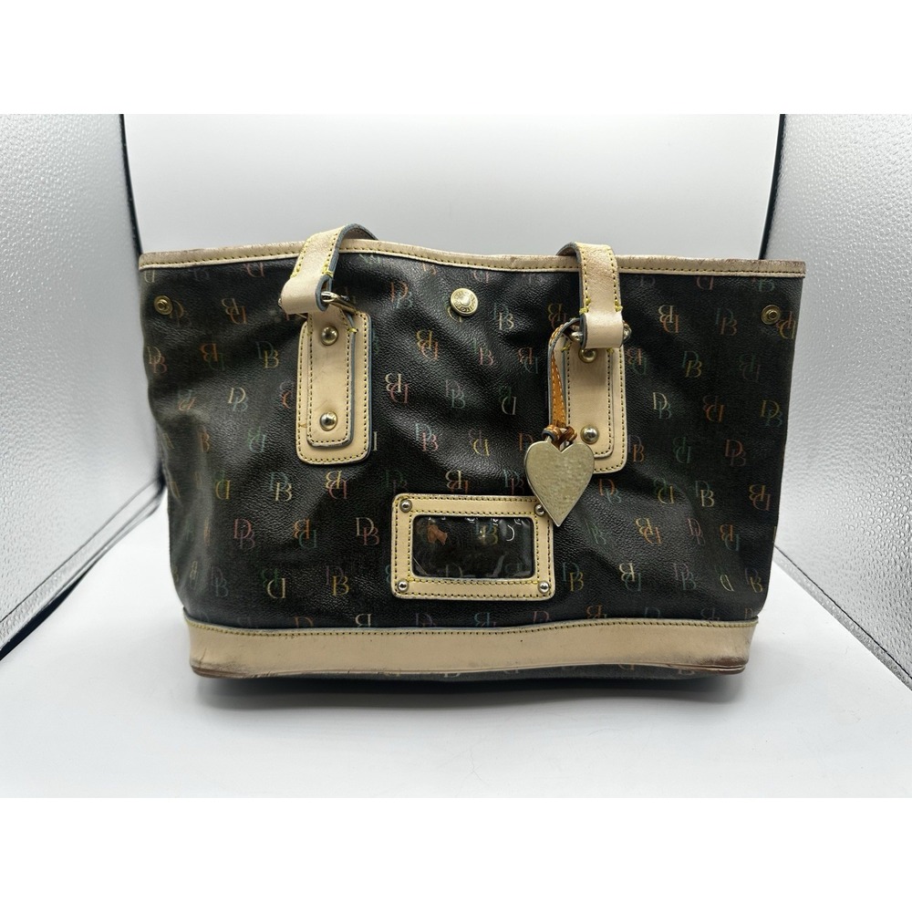 Dooney & Bourke Tote‎ Bag Brown Leather Trim Multicolor Monogram Heart Charm